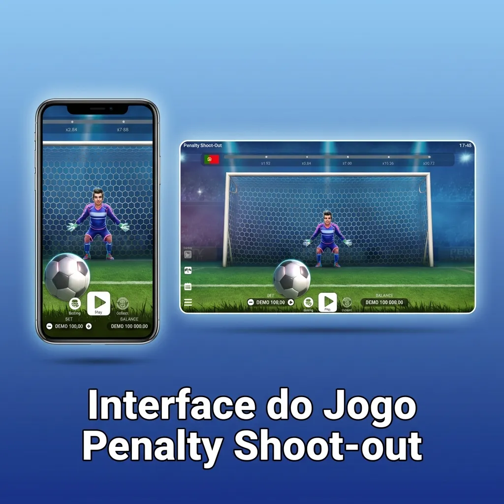 Tela do jogo Penalty Shoot-out mostrando campo de futebol com gol dividido em áreas de aposta e controles na parte inferior