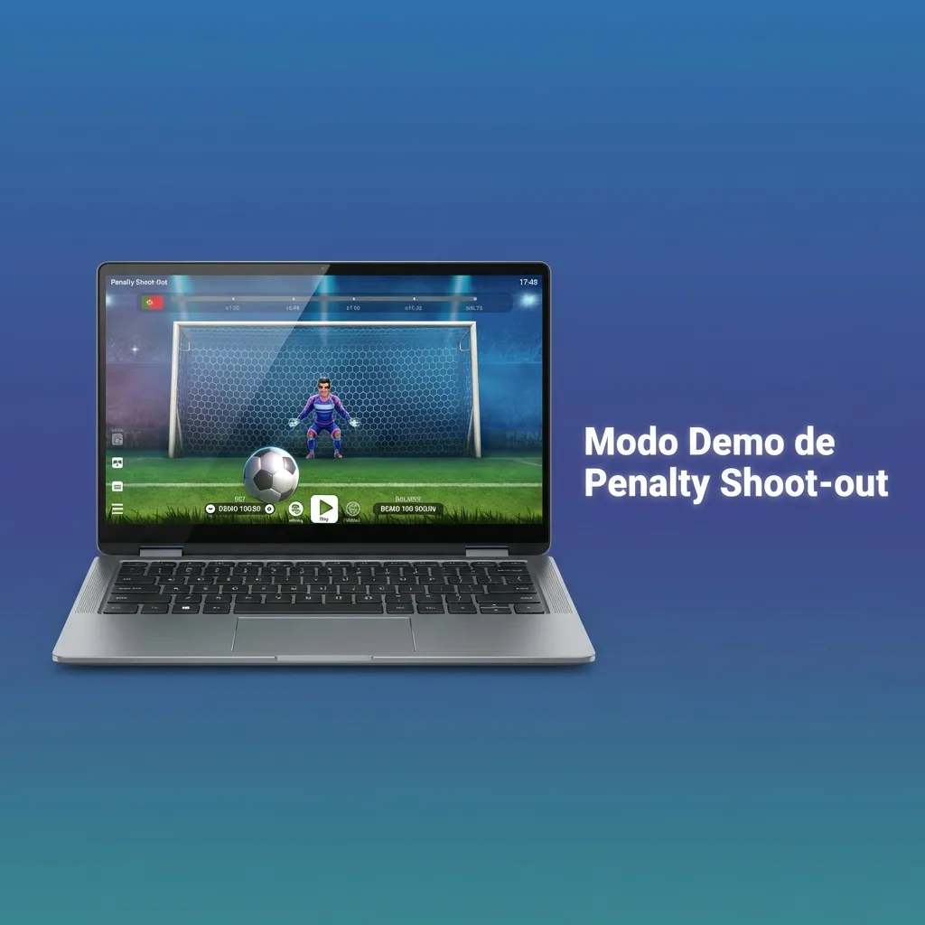 Jogador no modo demo de Penalty Shoot-out praticando sem risco usando créditos virtuais antes de apostar dinheiro real